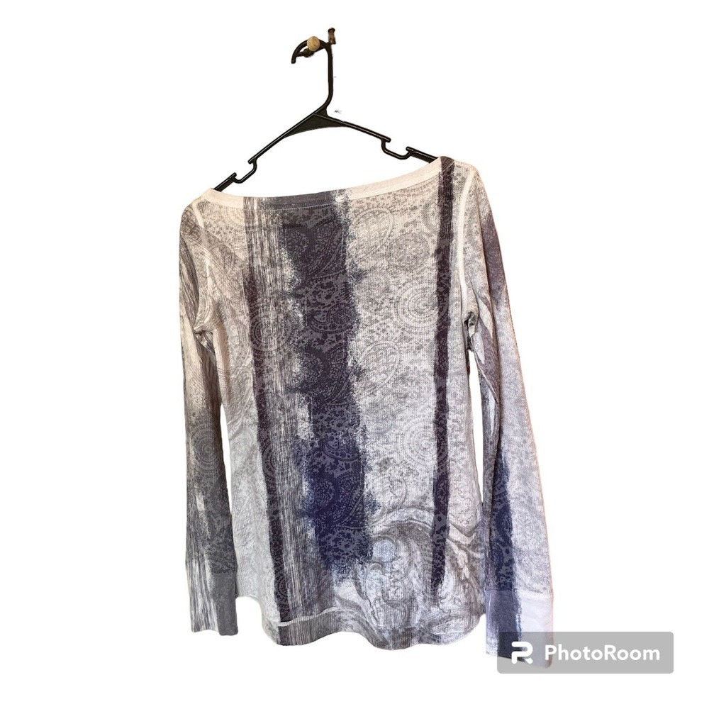 Cache Y2K White Long Sleeve Black Blue Tribal Rhinestone Waffle Knit Henley M - Picture 6 of 11
